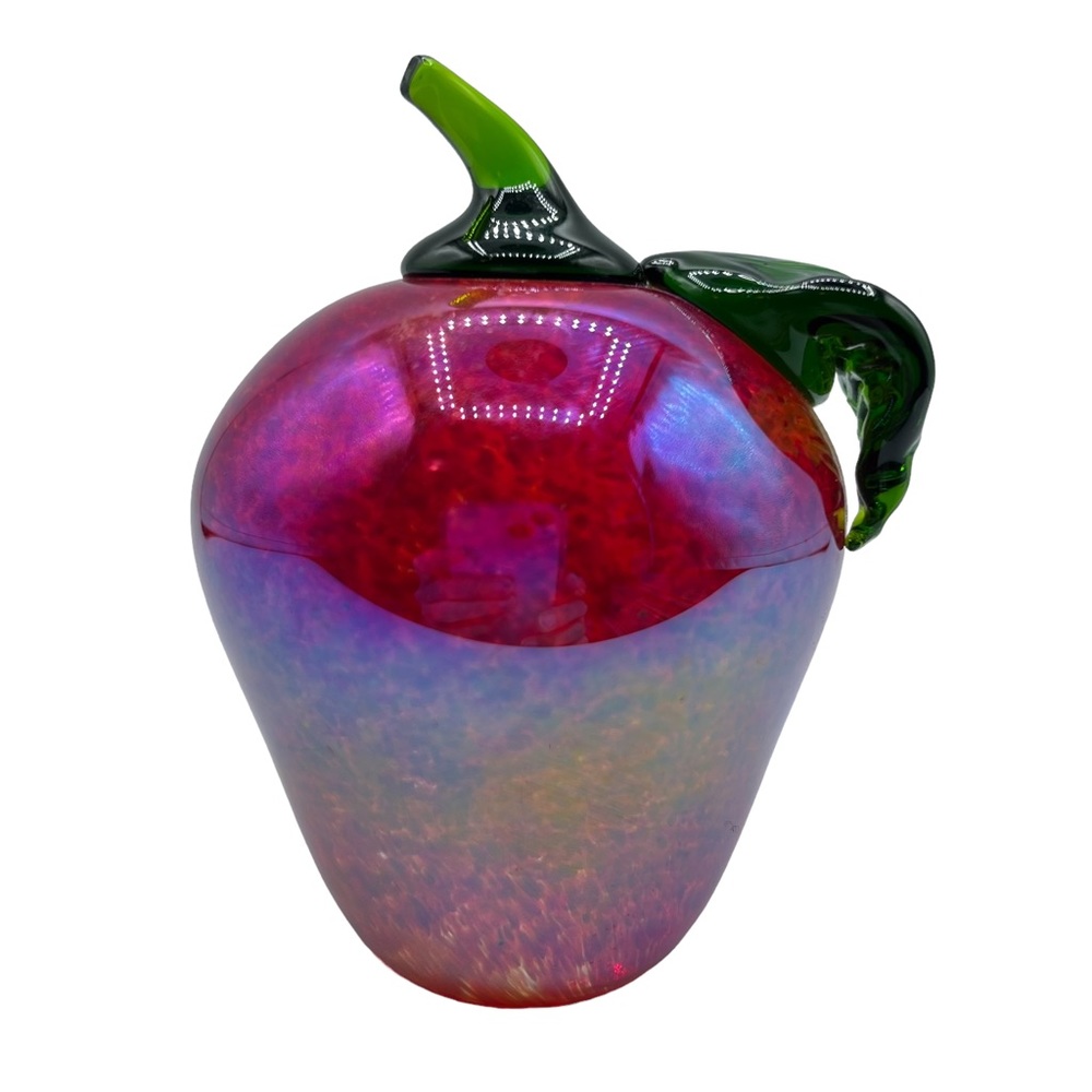 Vtg 93 Glass Eye Studio Hand Blown Art Glass Red Apple Green Stem Paperweight